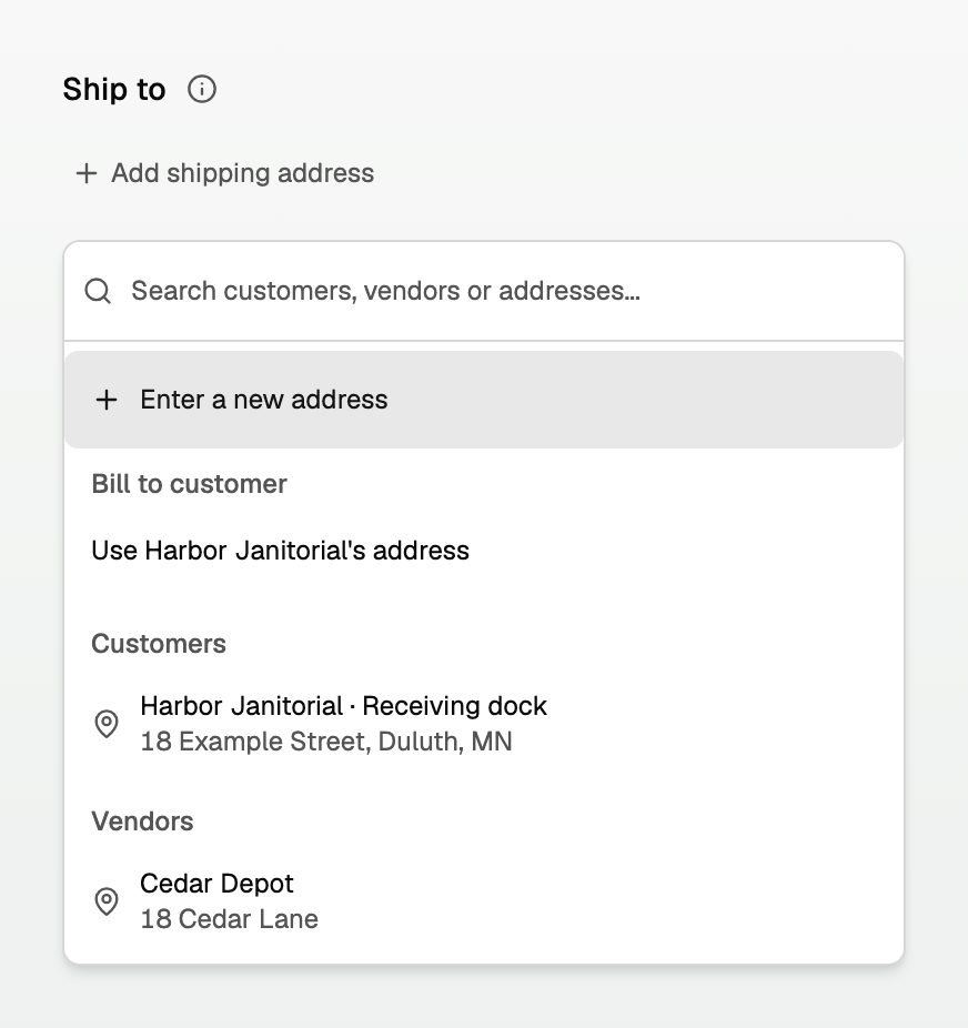 Ship to with the address search menu open