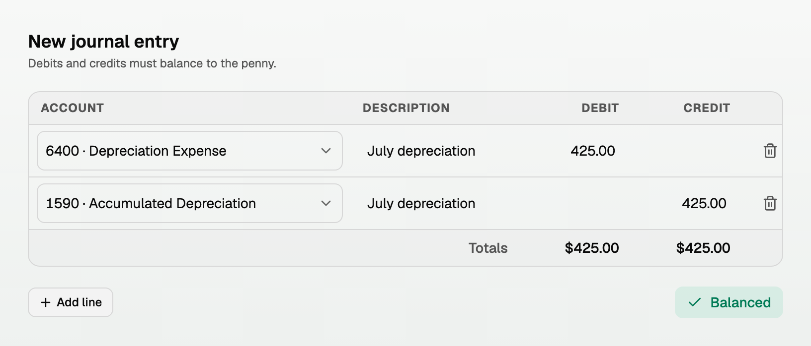 The new journal entry composer with account lines, debit and credit columns, and the green Balanced chip