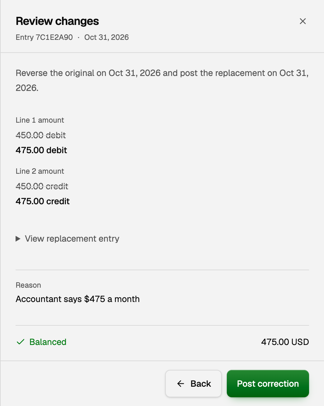 Review changes, with both amounts going from 450.00 to 475.00 and Post correction