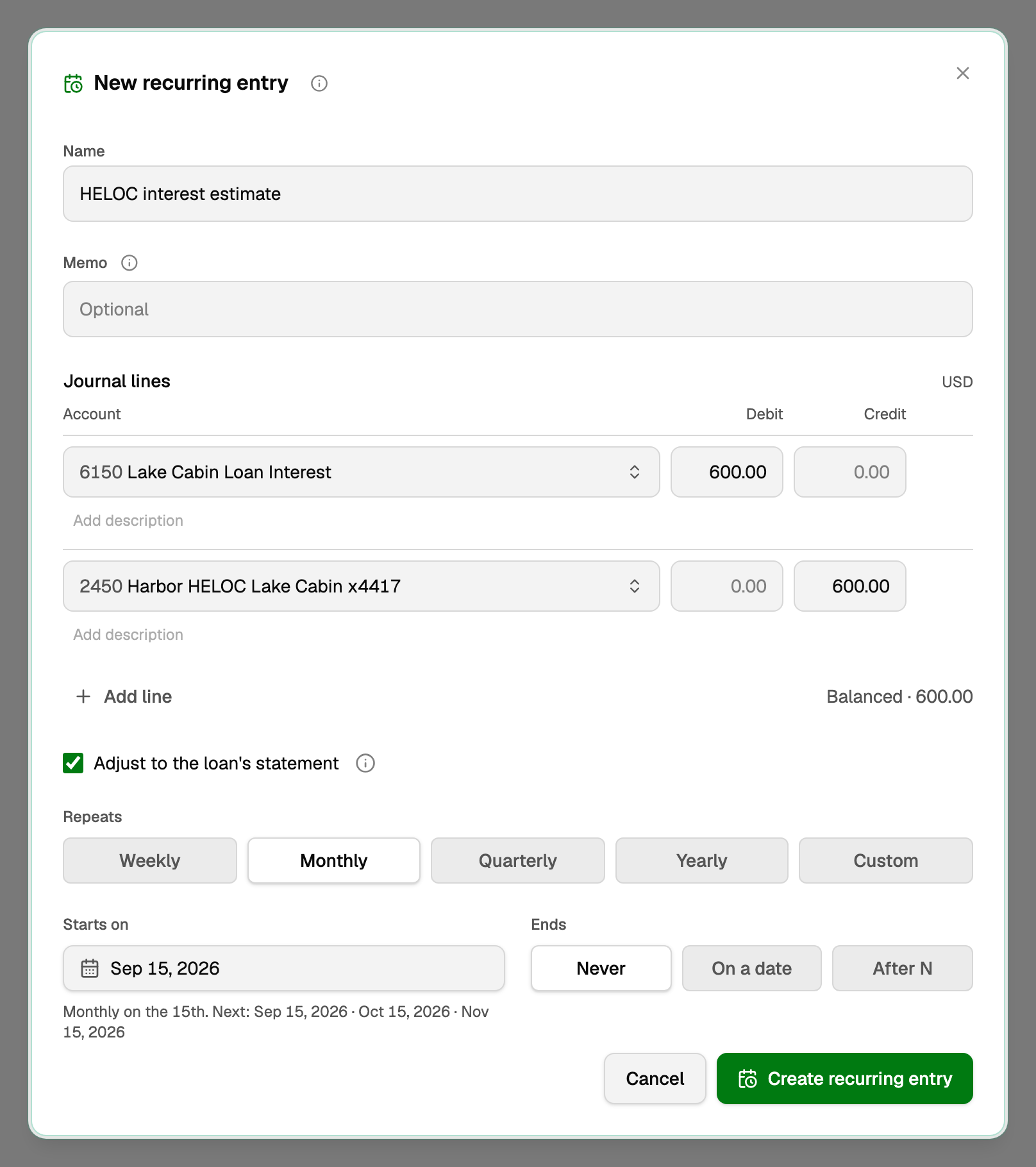 A recurring interest estimate with Adjust to the loan's statement ticked