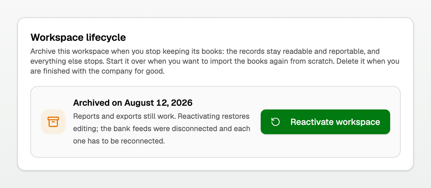 Archived on August 12, 2026, with Reactivate workspace on the Data view