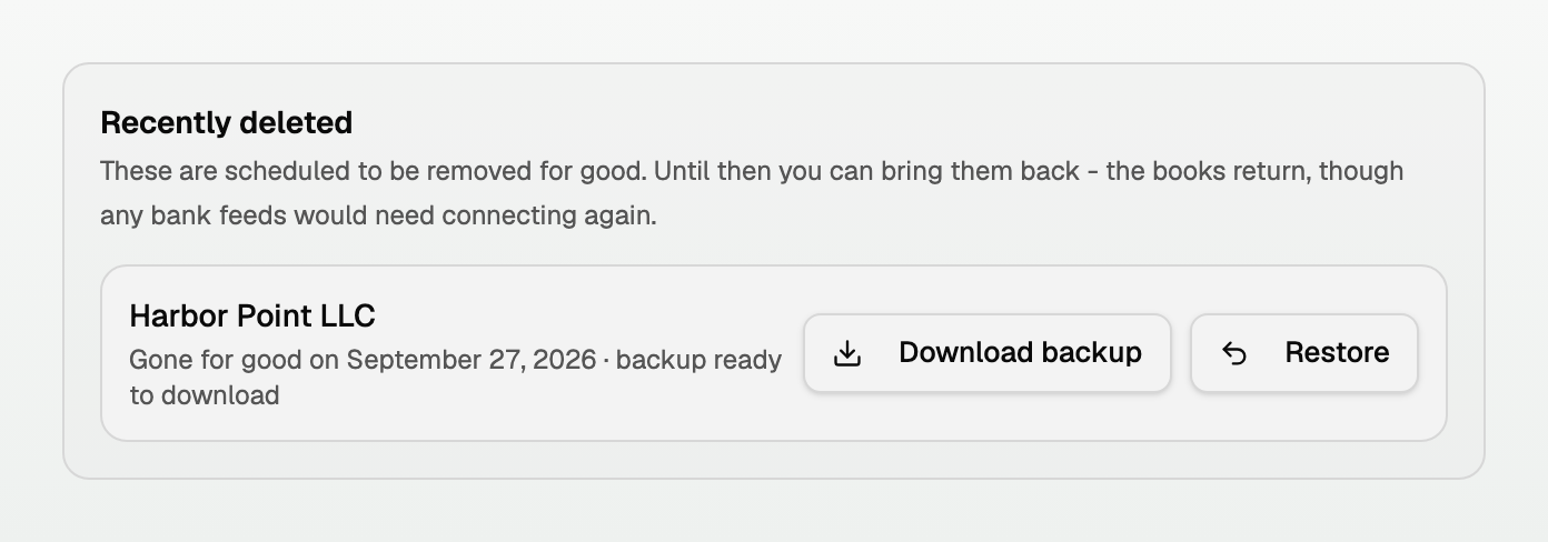 Recently deleted on Data, with Download backup and Restore