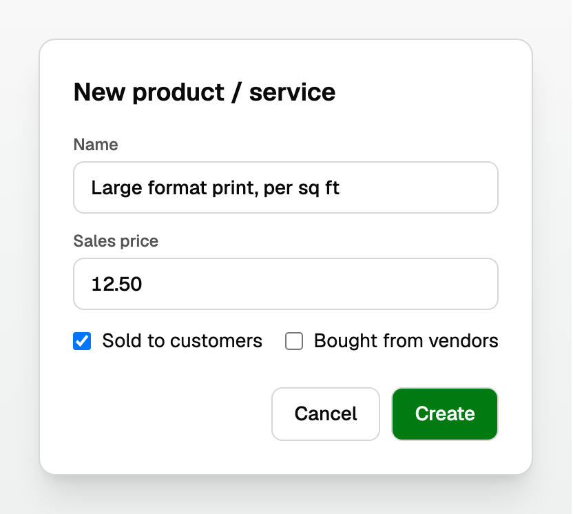 The New product / service form with Name, Sales price and the Sold and Bought checkboxes