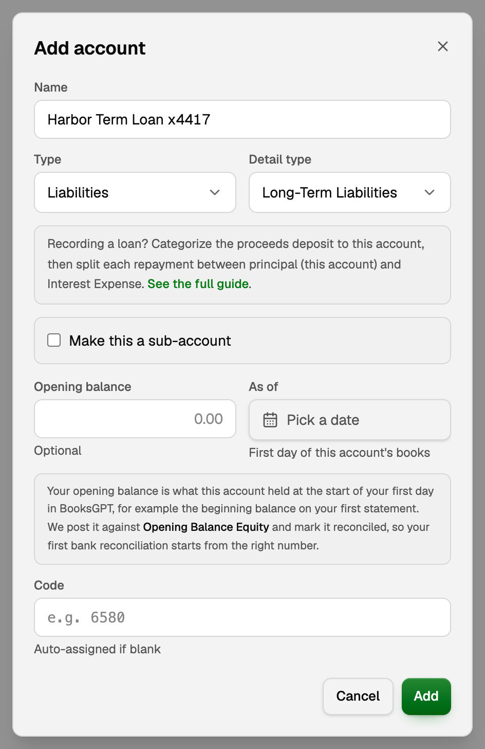 Add account: Harbor Term Loan x4417, Liabilities, Long-Term Liabilities