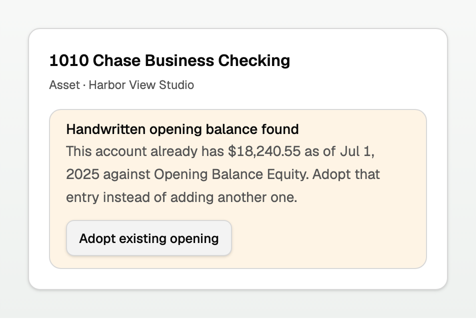 Handwritten opening balance found, with Adopt existing opening