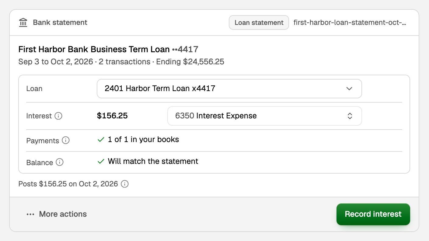 The loan statement card: Interest $156.25 to 6350 Interest Expense, and Record interest