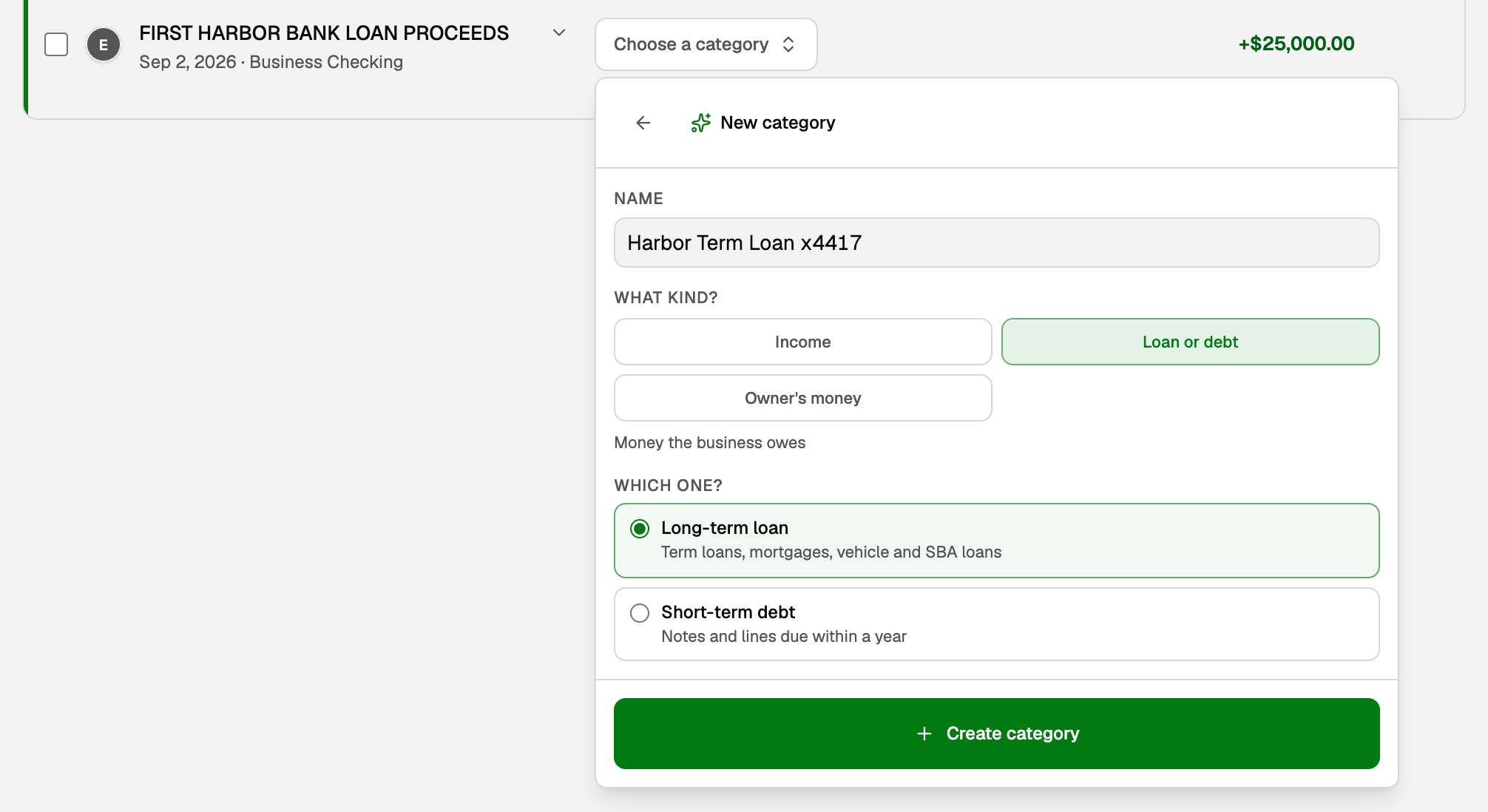 New category from the deposit's picker: Loan or debt, Long-term loan