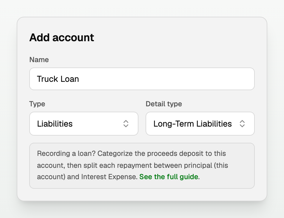 The Add account form with Type set to Liabilities and Detail type to Long-Term Liabilities