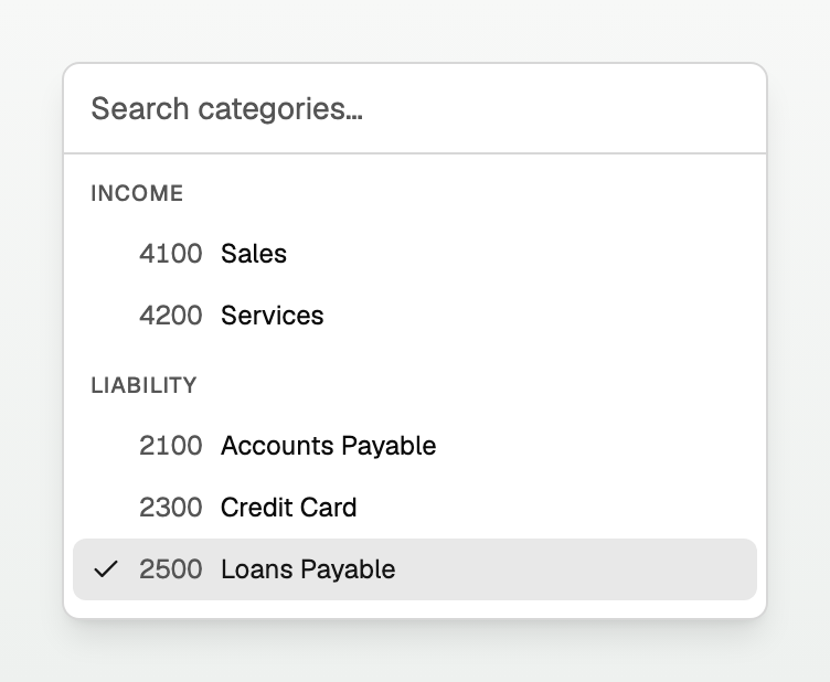 The category picker open on the Liability group with Loans Payable selected