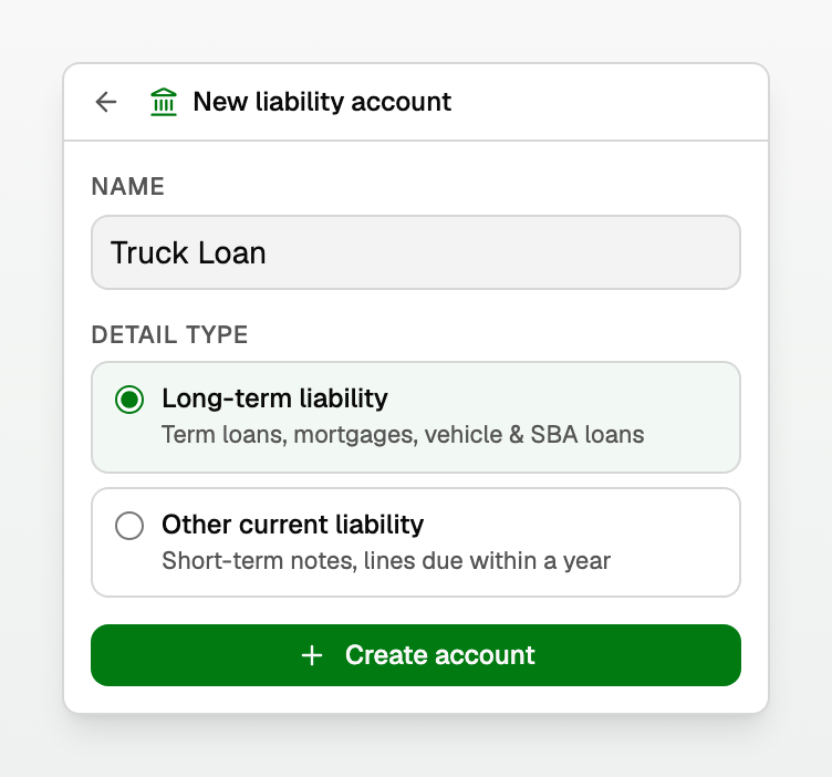 Choosing the detail type for the new loan account