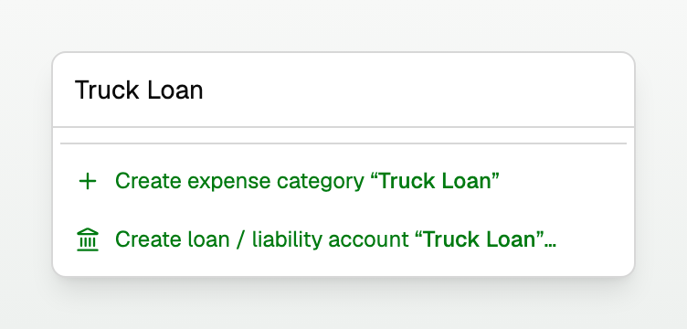 Typing a new name in the category picker offers Create loan / liability account