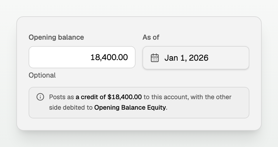The opening balance fields showing the entry that will post against Opening Balance Equity