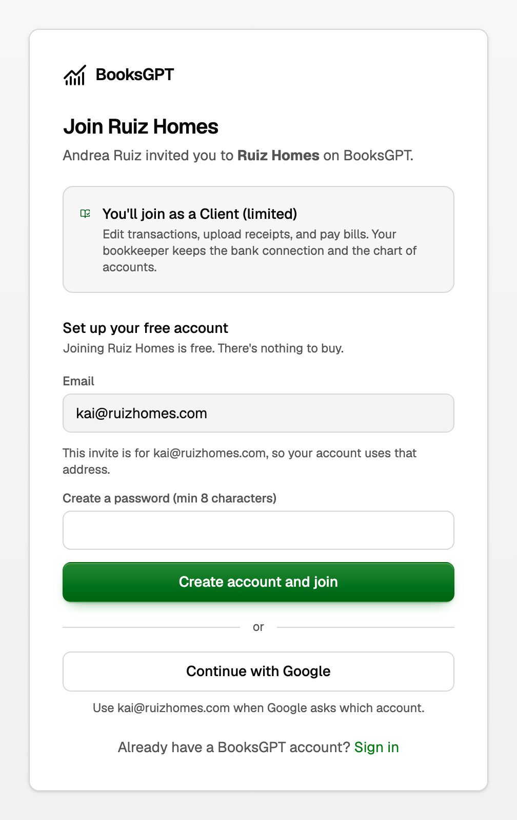 The invite page, with the role, the invited email, Create account and join, and Continue with Google