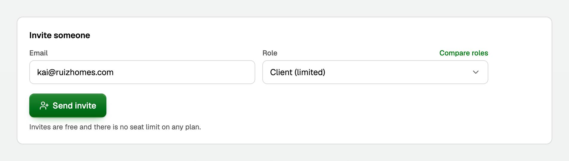 The Invite someone form with Email, Role set to Client (limited), Compare roles, and Send invite