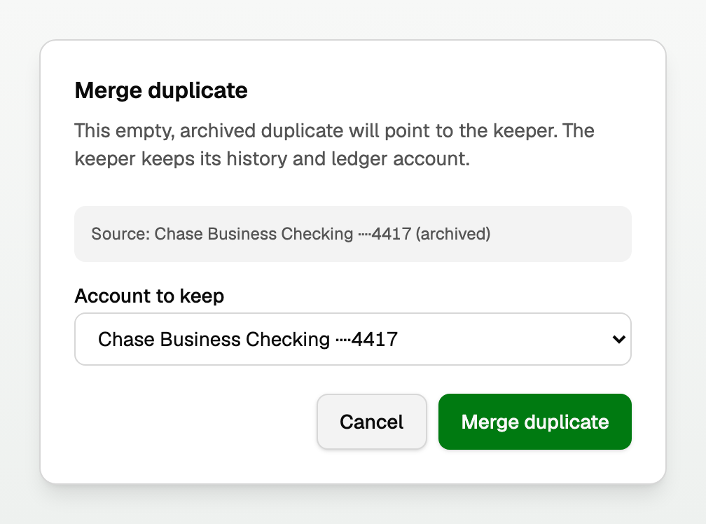 The Merge duplicate dialog, choosing the account to keep