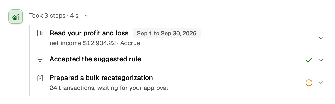 Opened steps: a read, a saved rule, and a card waiting for approval