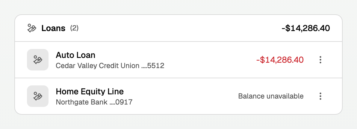 Loans: an auto loan owed, in red, and a credit line whose bank has not reported a balance yet