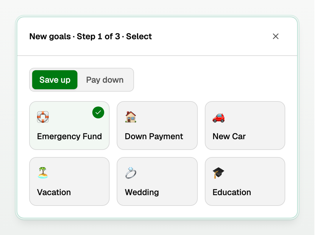 Add goals, step 1, pick a type