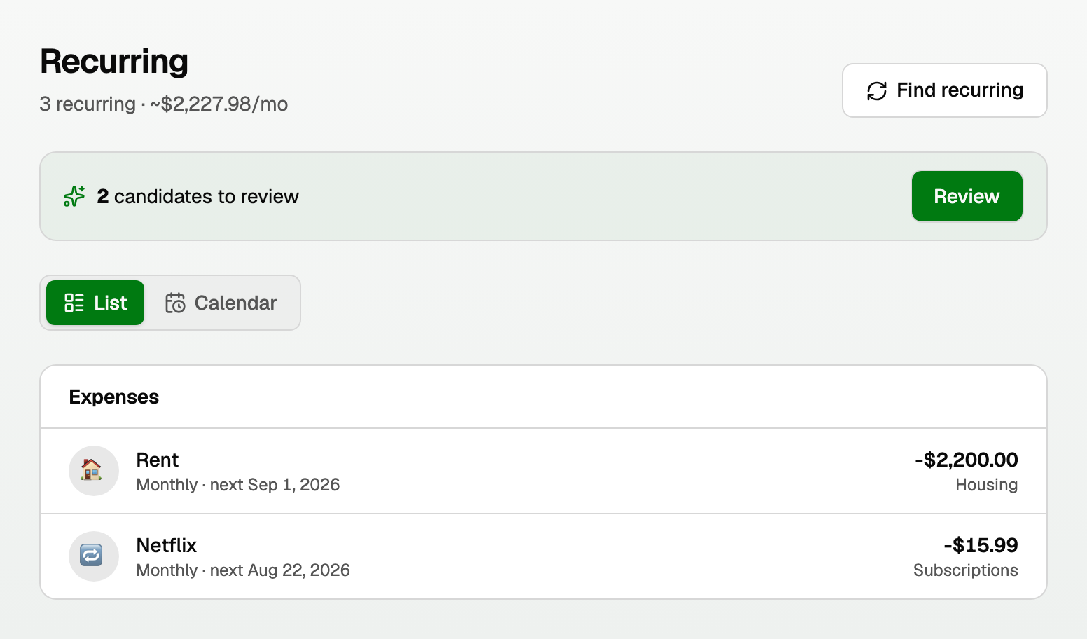 Recurring bills with Find recurring