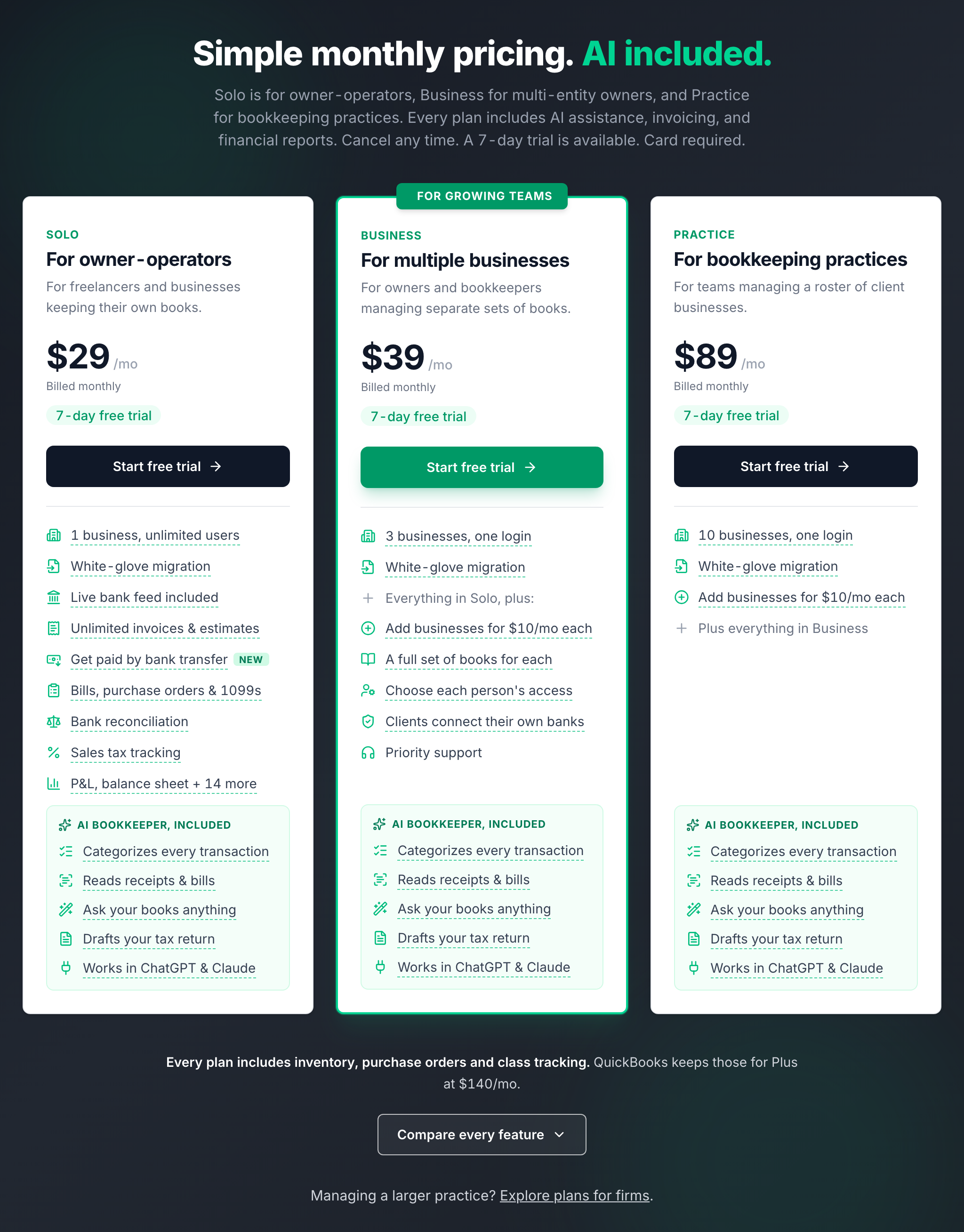 The pricing cards for Solo, Business and Practice, with Compare every feature and Explore plans for firms underneath