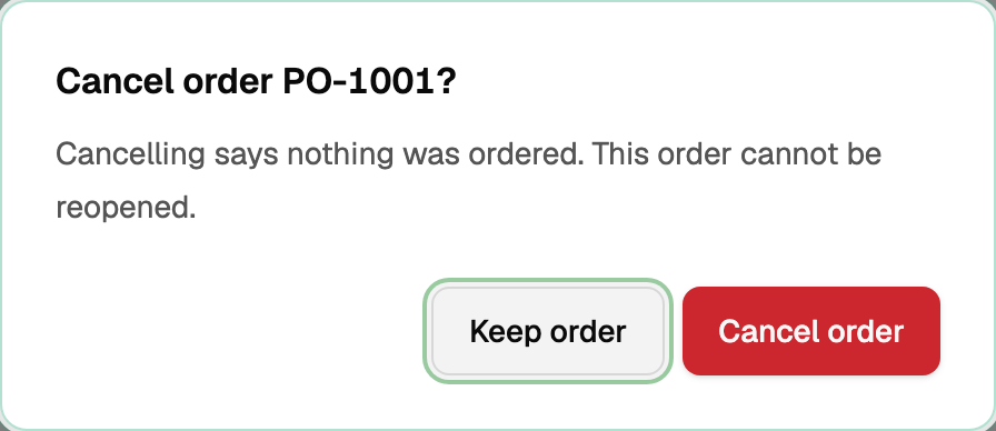 Cancel order PO-1001, with Keep order and Cancel order