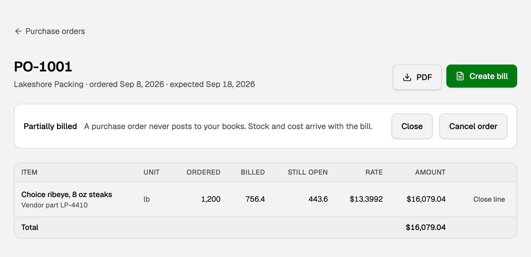 Still open on a purchase order, with Create bill