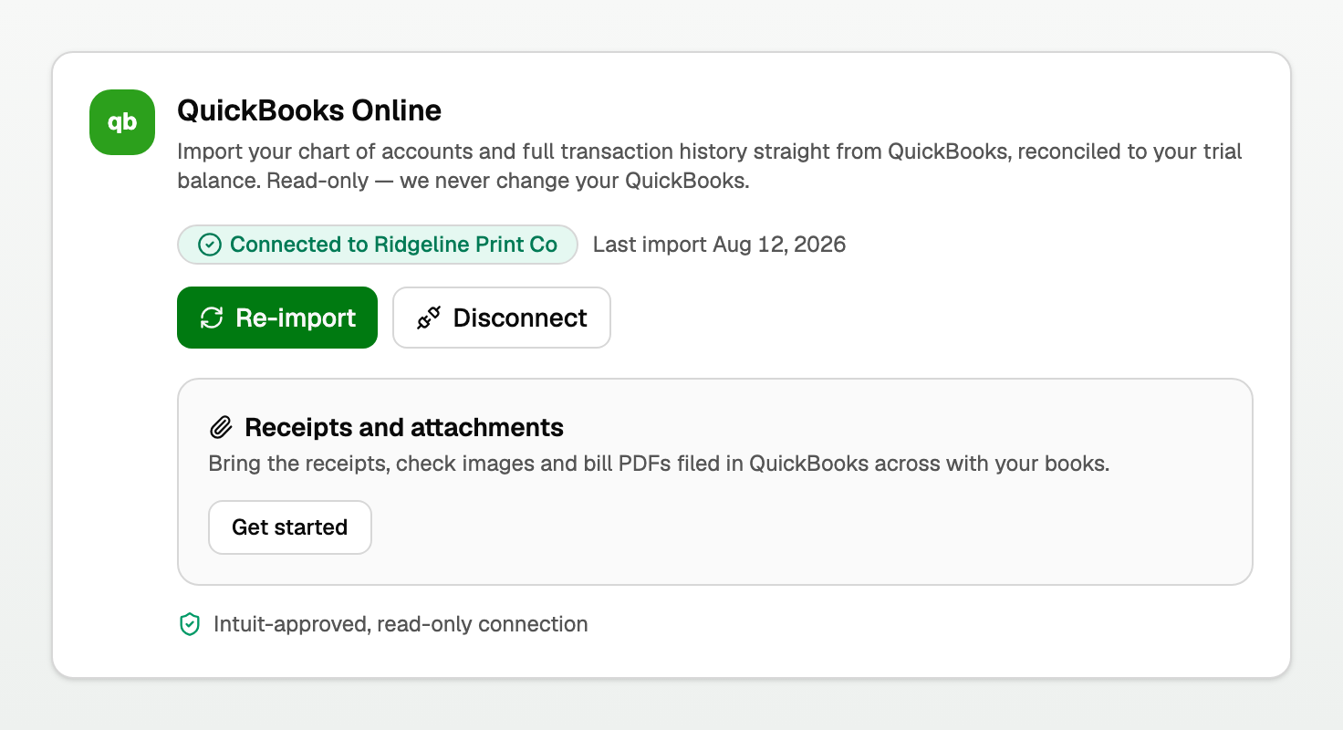 The Receipts and attachments panel with Get started on a connected QuickBooks card