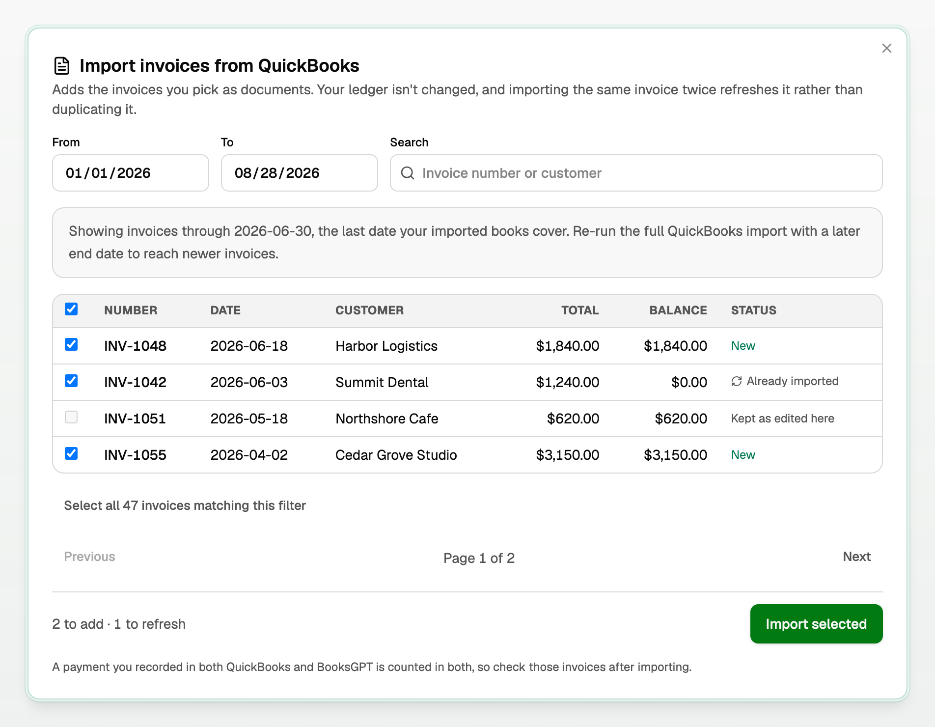The invoice picker with New, Already imported, and Kept as edited here rows