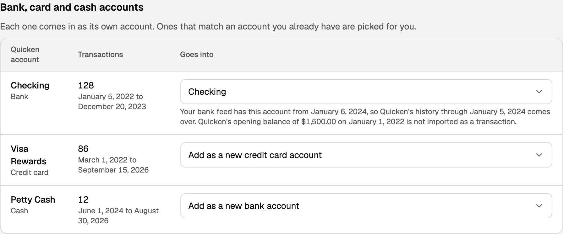 Bank, card and cash accounts. Checking goes into Checking, with the feed note and the opening balance. Visa Rewards is a new credit card. Petty Cash is a new bank account.