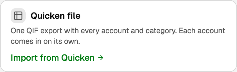 Quicken file card. The button is Import from Quicken.