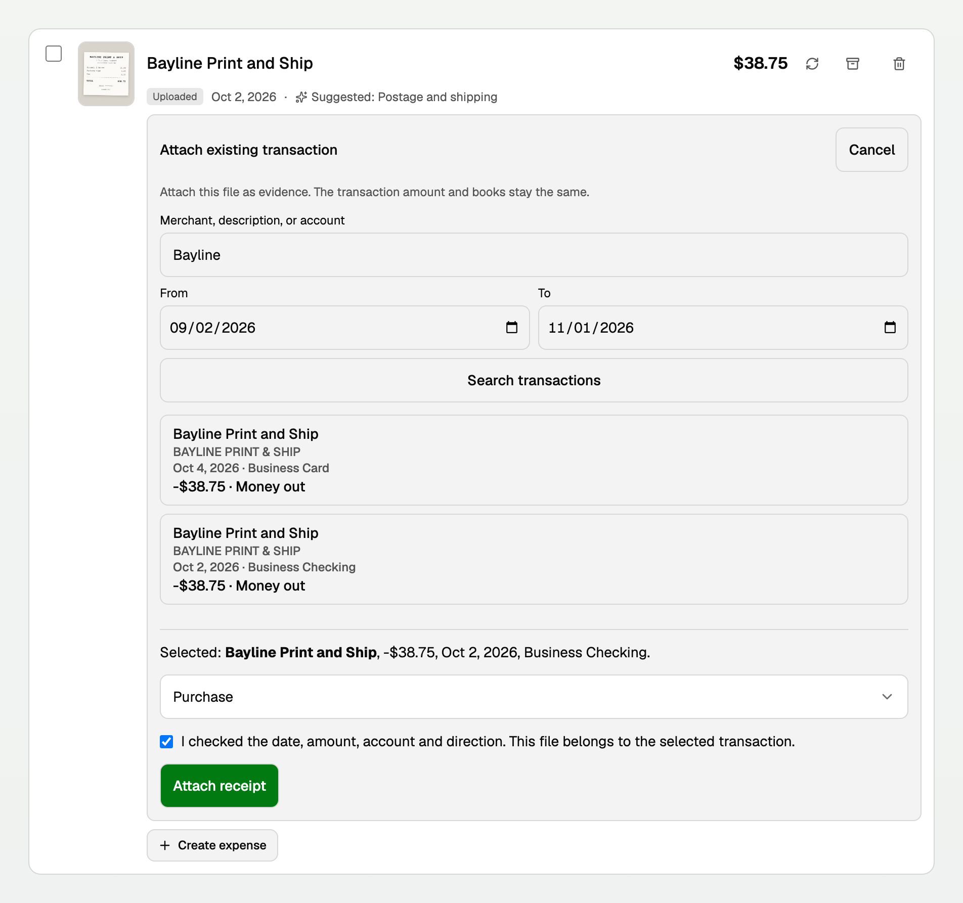 Attach existing transaction: a search, one transaction selected, Purchase chosen, and Attach receipt