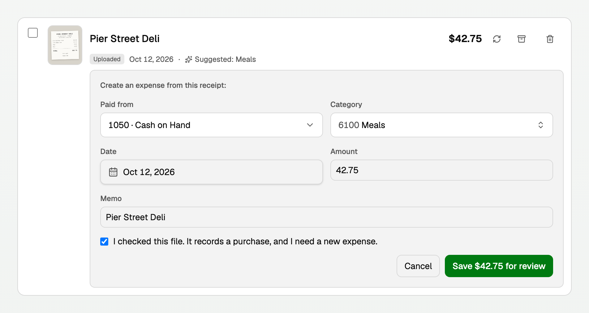 Create expense on a receipt: Paid from, Category, Date, Amount, Memo, and the save button