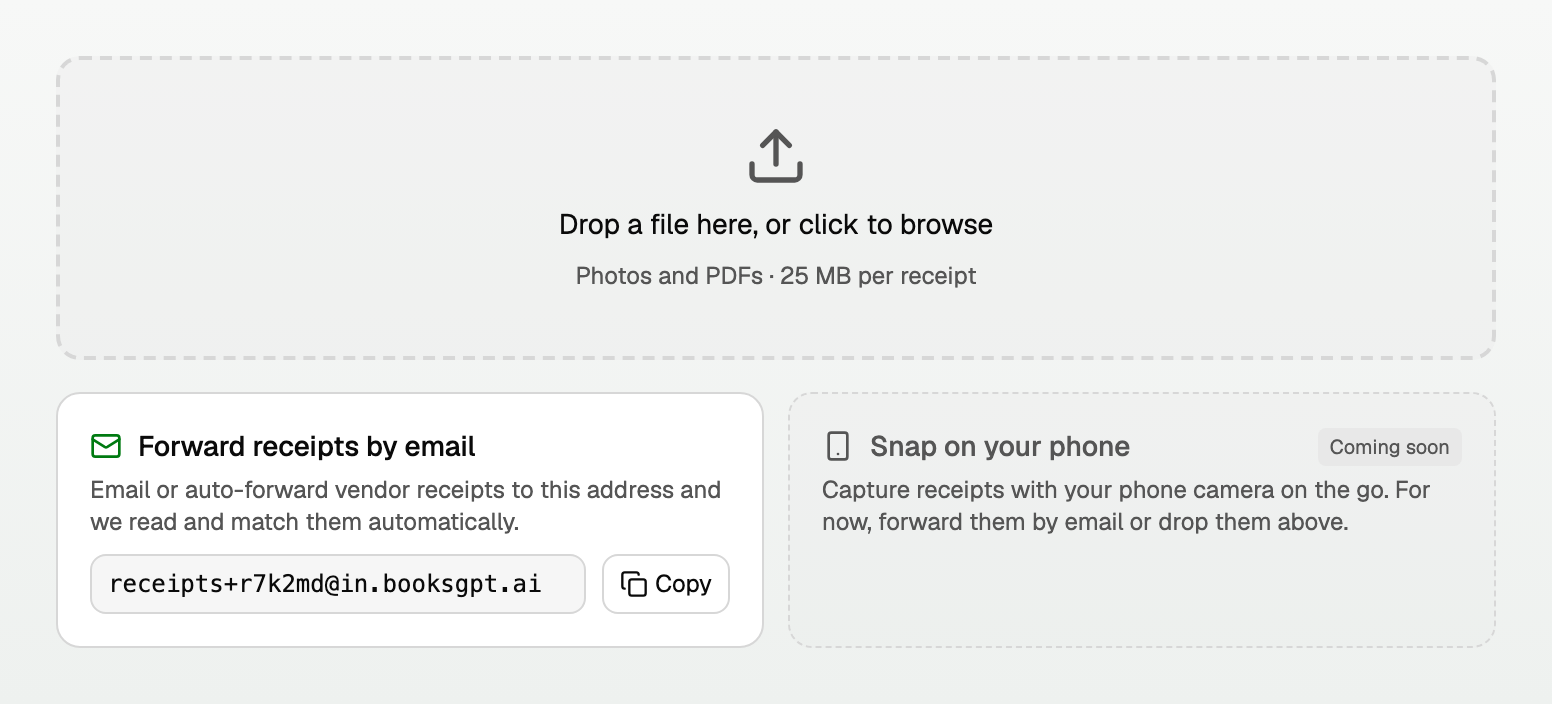 The Receipts page drop zone with the Forward receipts by email card and its Copy button