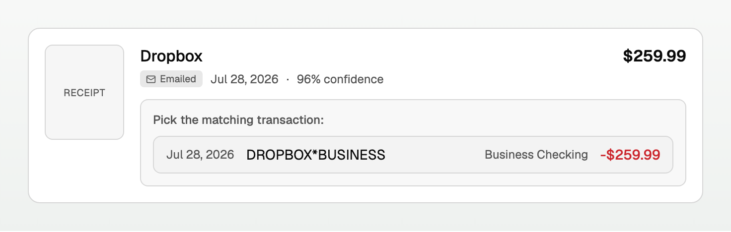 A receipt card showing the extracted merchant, amount and confidence, with matching transactions offered below