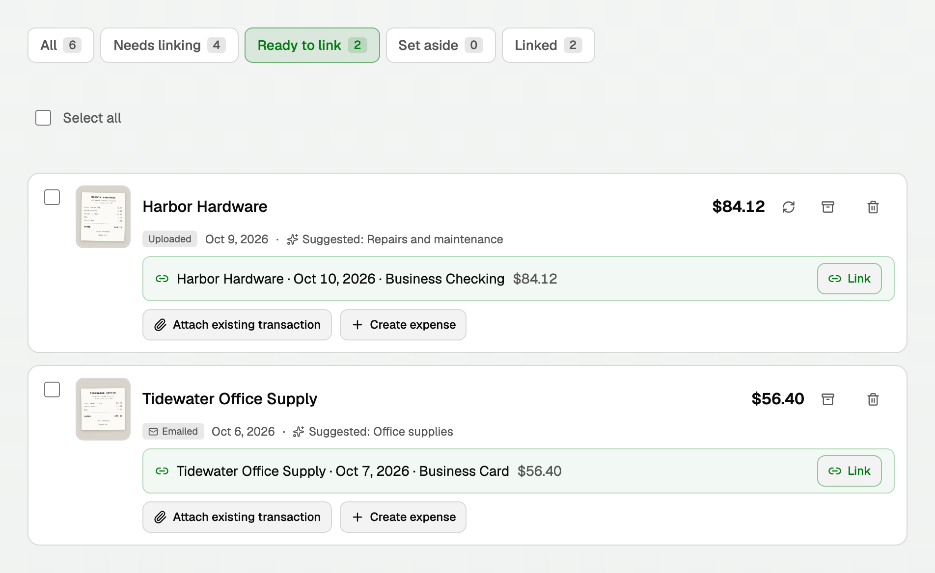 Ready to link: two receipts, each with its transaction and a Link button