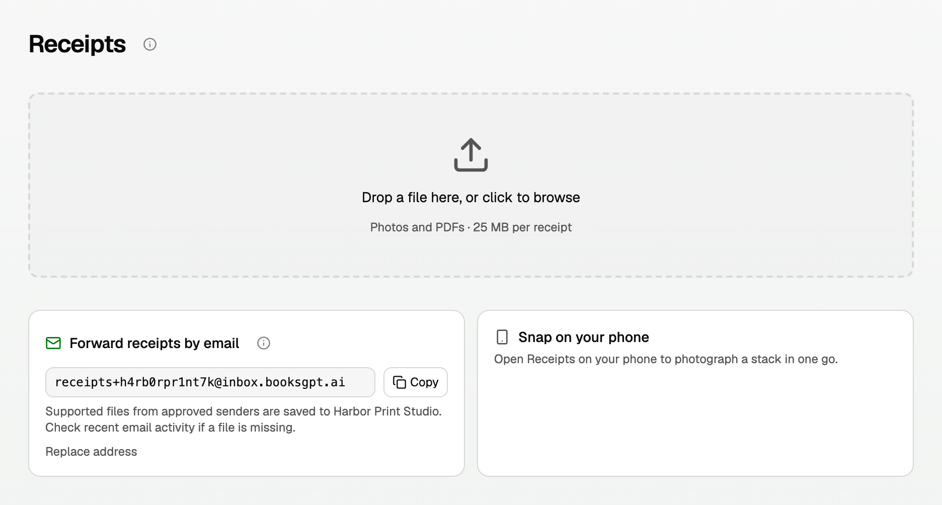 The Receipts page: the upload box, Forward receipts by email, and Snap on your phone