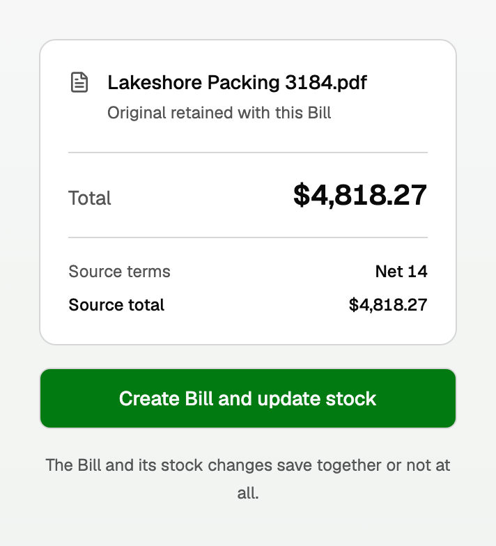 Review vendor Bill with Create Bill and update stock, and the note that the Bill and its stock changes save together