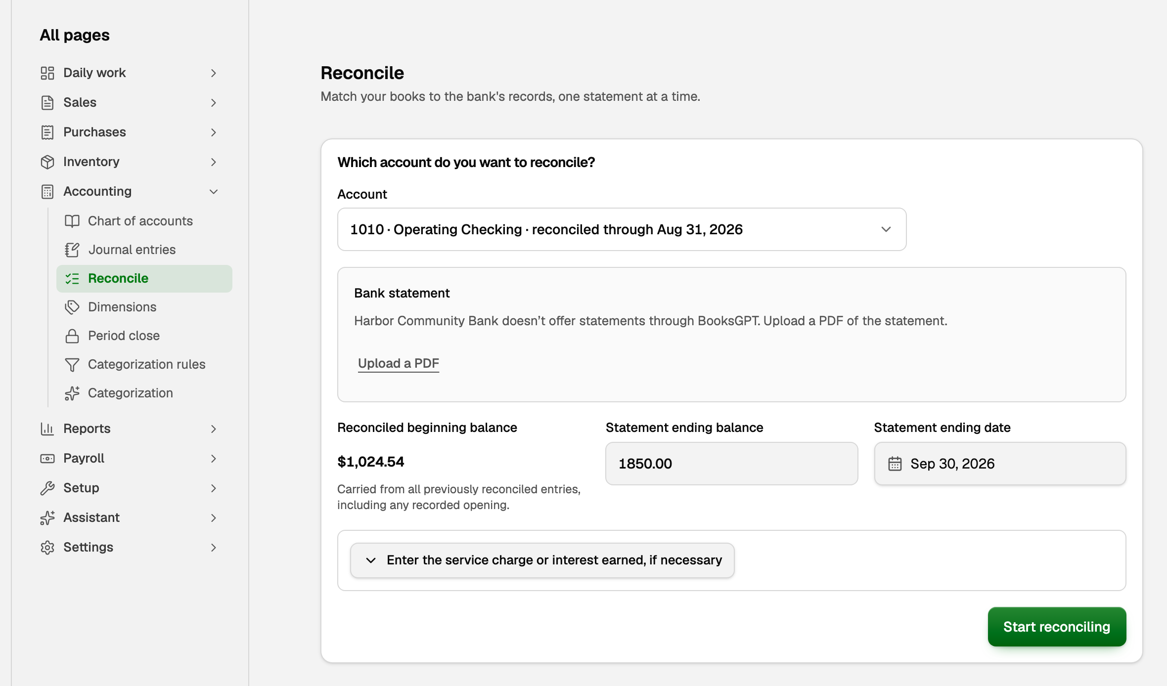 The Reconcile page with Operating Checking picked, the statement ending balance and date filled in, the reconciled beginning balance, and Start reconciling