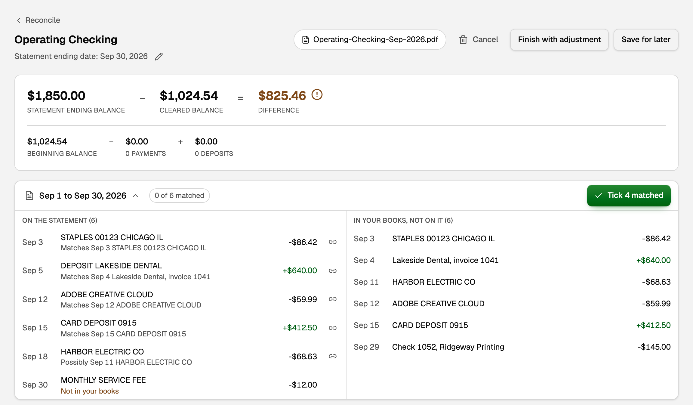 The statement panel: the statement's lines on the left, including a $12.00 service fee marked Not in your books, your transactions on the right, and Tick 4 matched
