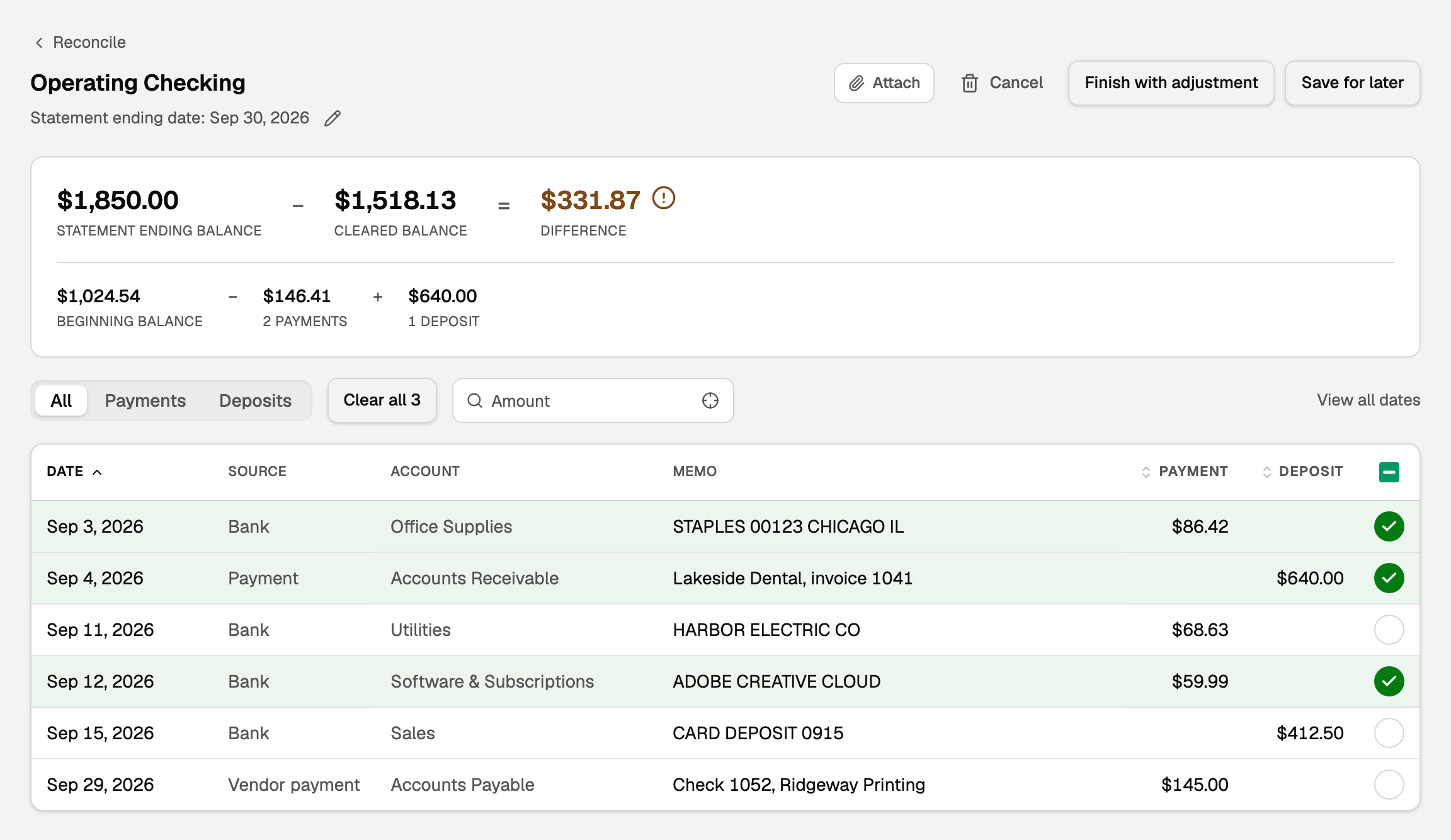 The Operating Checking worksheet: the statement ending balance, cleared balance and difference across the top, and September's transactions below, some ticked