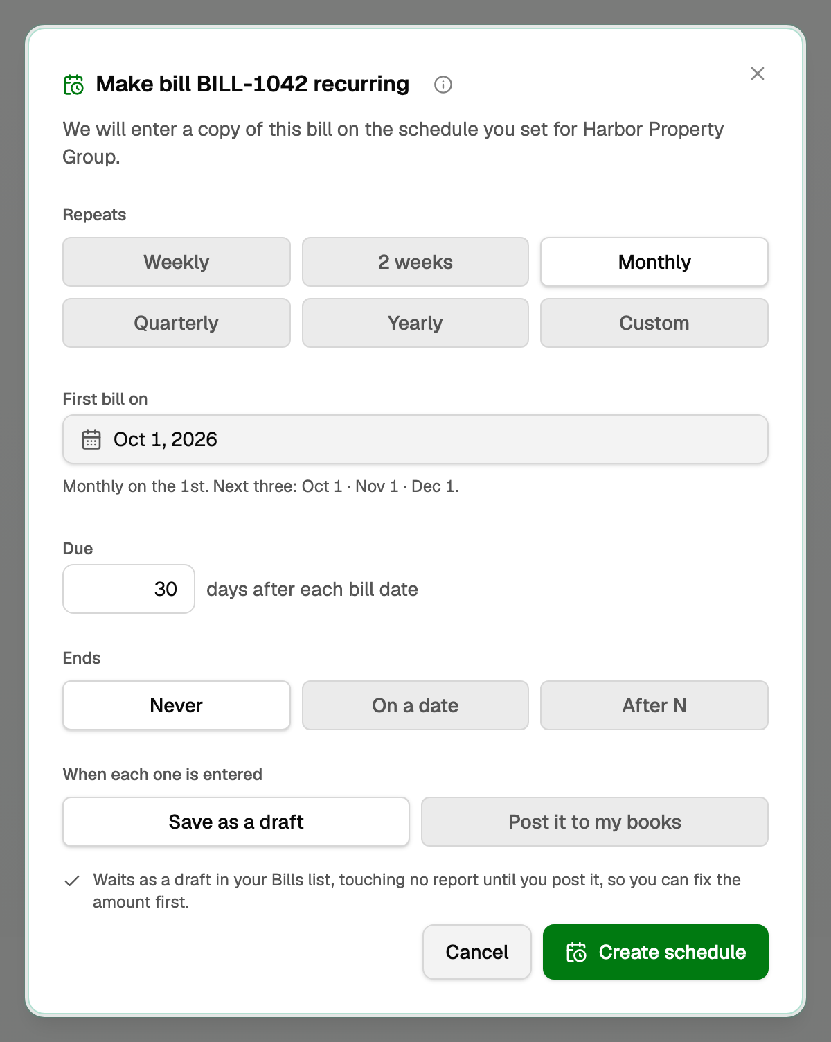 The schedule dialog with Save as a draft selected