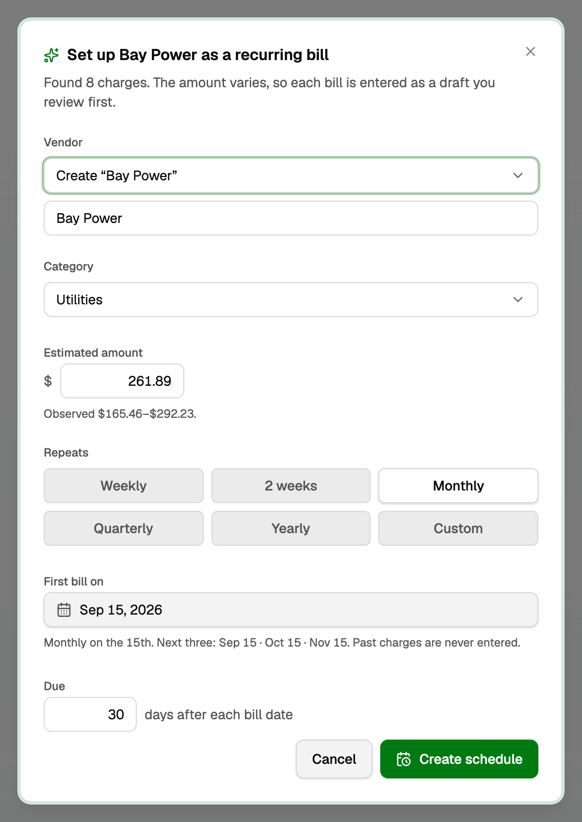 Set up Bay Power as a recurring bill, prefilled, with Create schedule