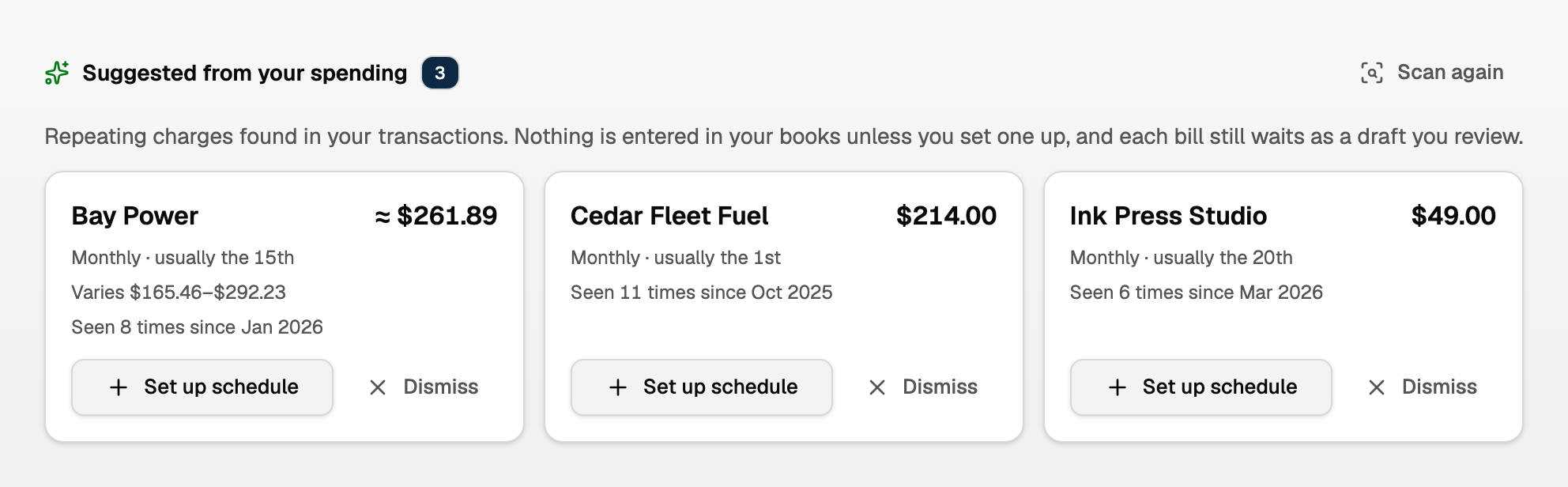 Suggested from your spending, with Bay Power at about $261.89 and a Varies range