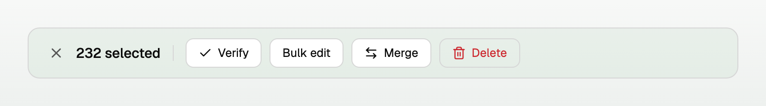 The bulk action bar with a selection count, Verify, Bulk edit and Delete