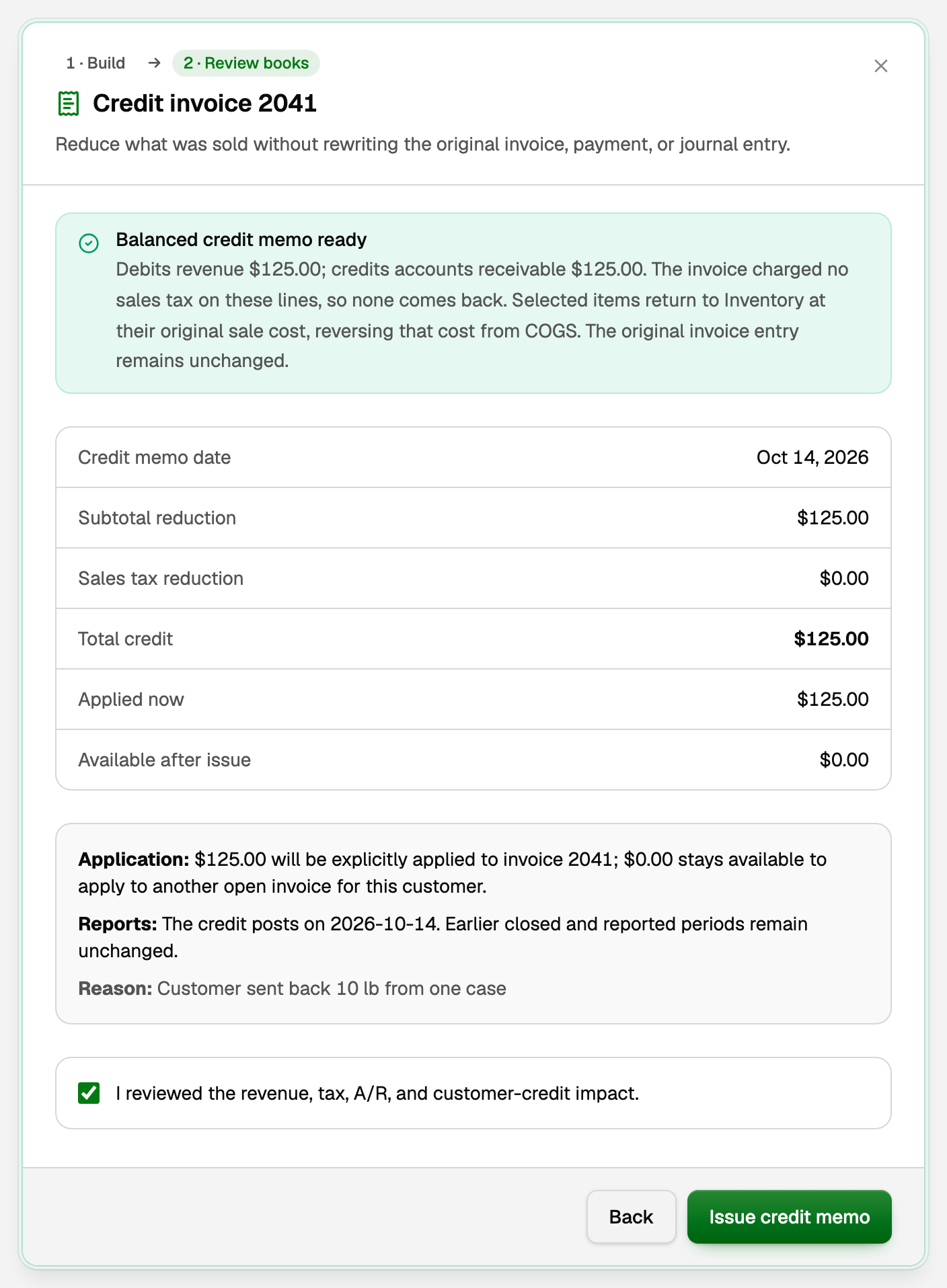 Review books: Balanced credit memo ready, a $125.00 total credit applied now, and Issue credit memo