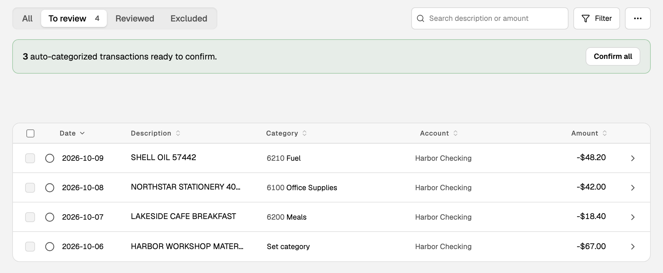 Transactions on To review: the 3 auto-categorized transactions banner with Confirm all, and four waiting rows, each with an empty circle