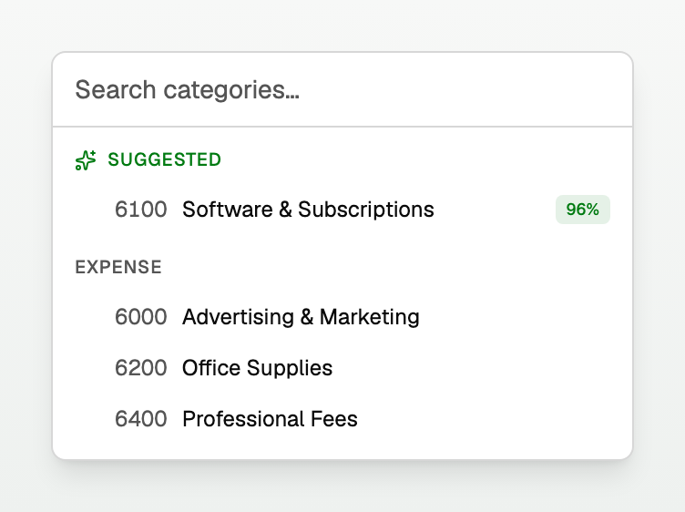 The category picker with a Suggested group showing a 96% confidence badge