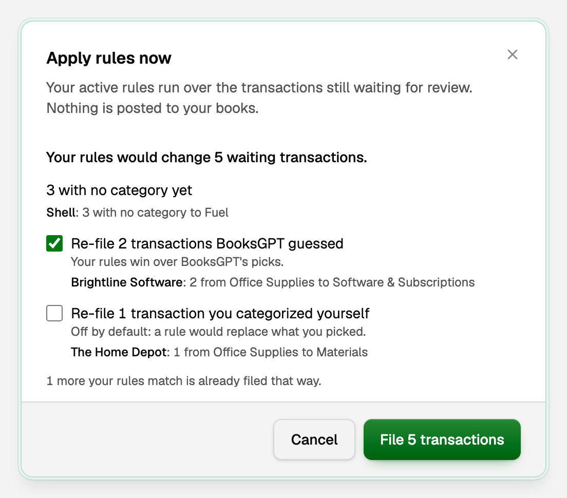 Apply rules now, naming each rule's move, with your own pick left unticked