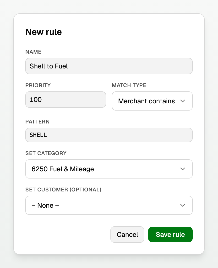 The New rule dialog with Name, Priority, Match type, Pattern and Set category