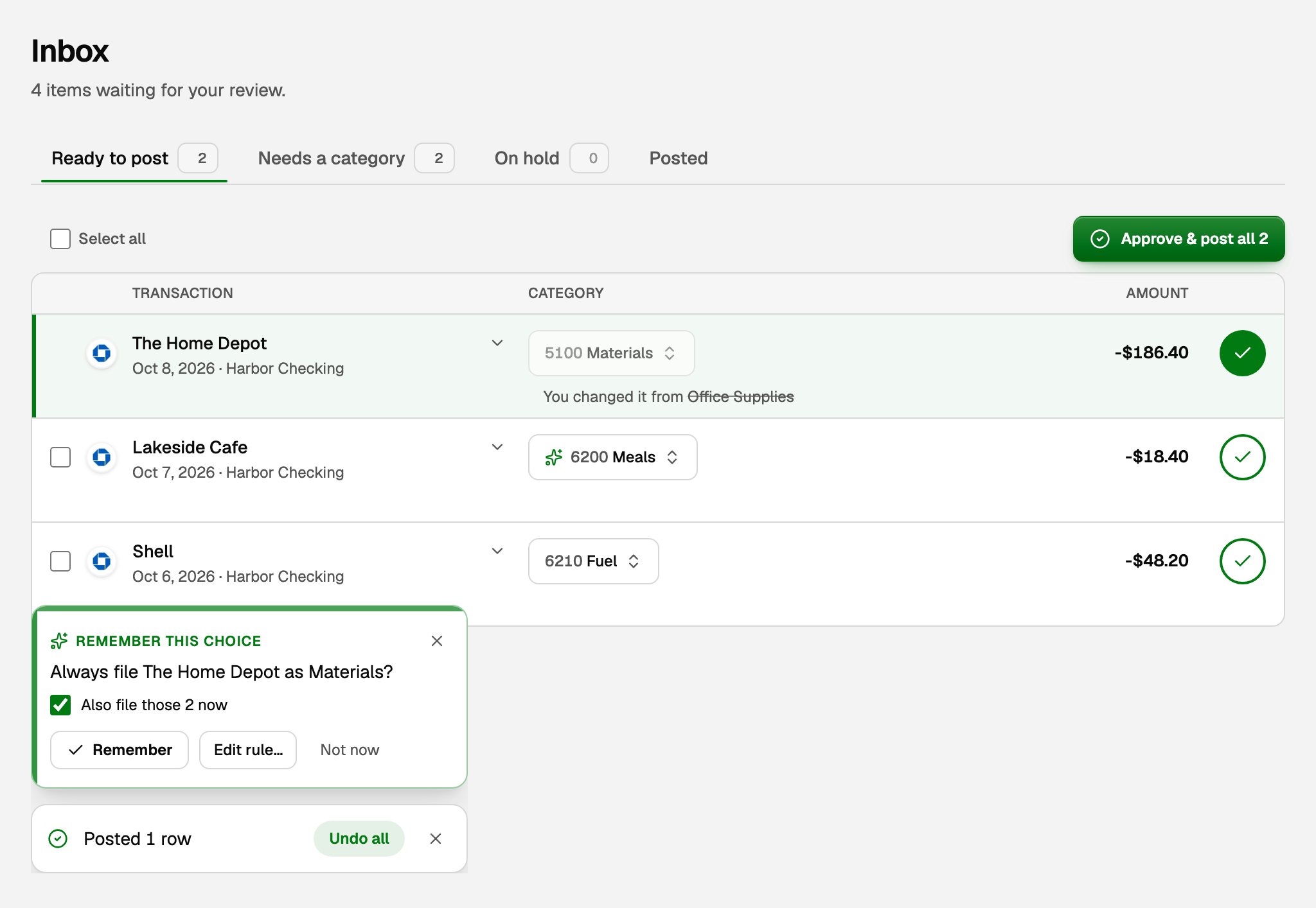 Review inbox after changing The Home Depot to Materials, with Remember this choice and Also file those 2 now ticked